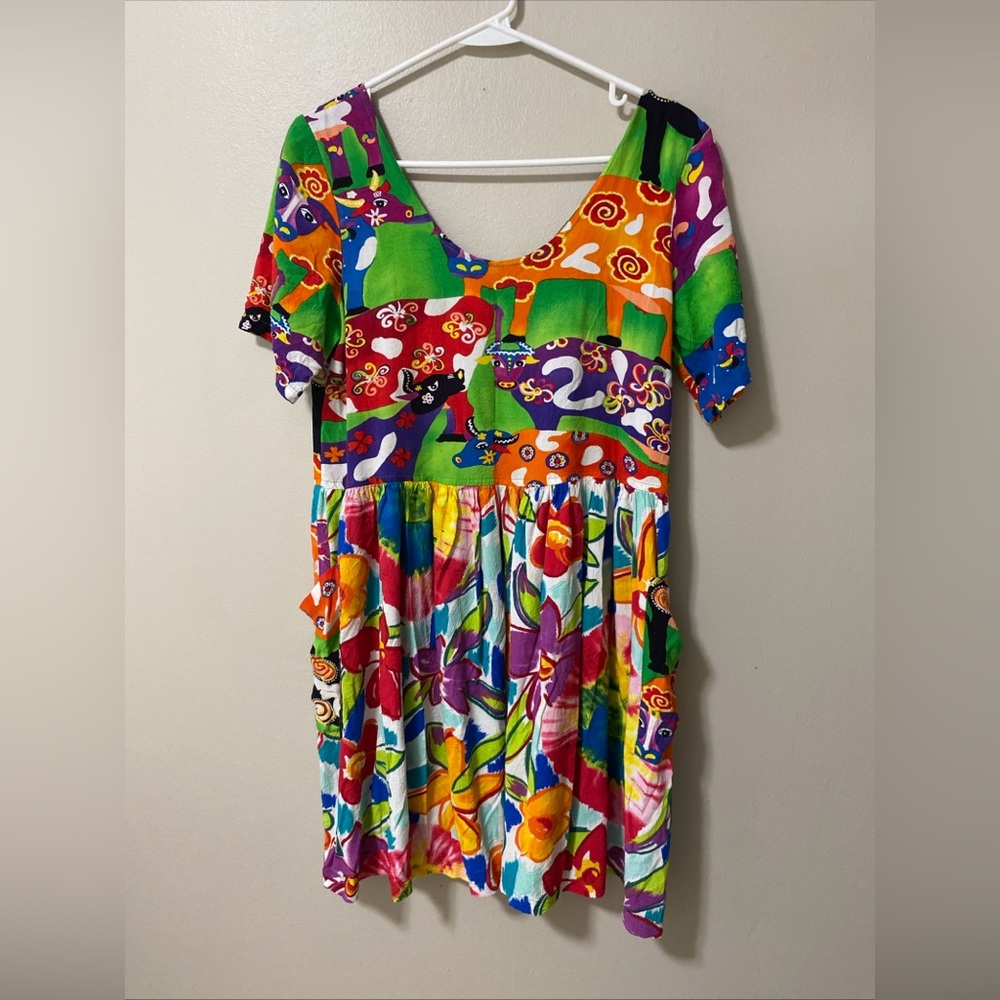 Vintage 90s Women's Medium Jams World "Holy Cow" Split Floral Babydoll Dress USA